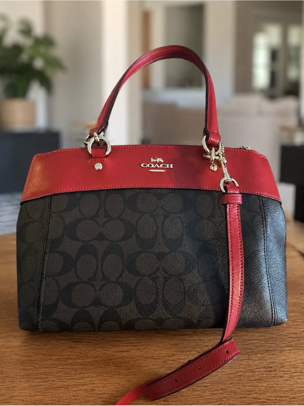 Coach Black Signature Canvas Satchel with Red Leather Trim